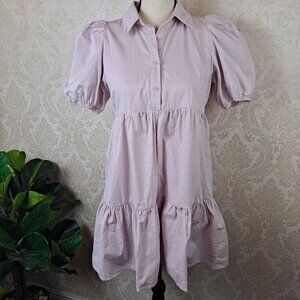 TCEC Size Small Pale Pink Cotton A-Line Babydoll Dress Tiered Puff Sleeve Collar